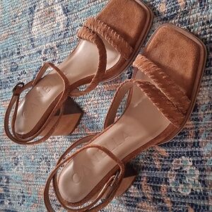 Tan Suede Block Heel Sandals with Fringed Straps